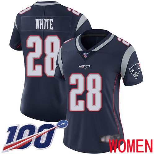 New England Patriots Football 28 100th Season Limited Navy Blue Women James White Home NFL Jersey